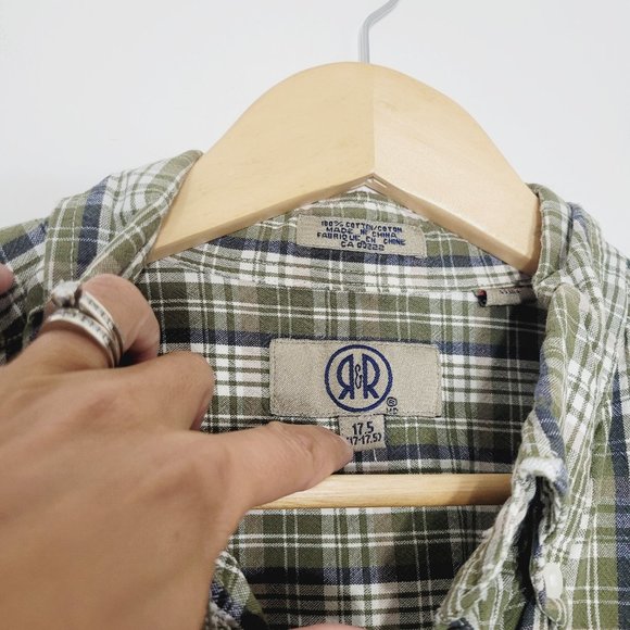 R&R Long Sleeve Casual Button Down Shirt Green Plaid Mens Pocket 17.5 Cotton - Picture 4 of 10